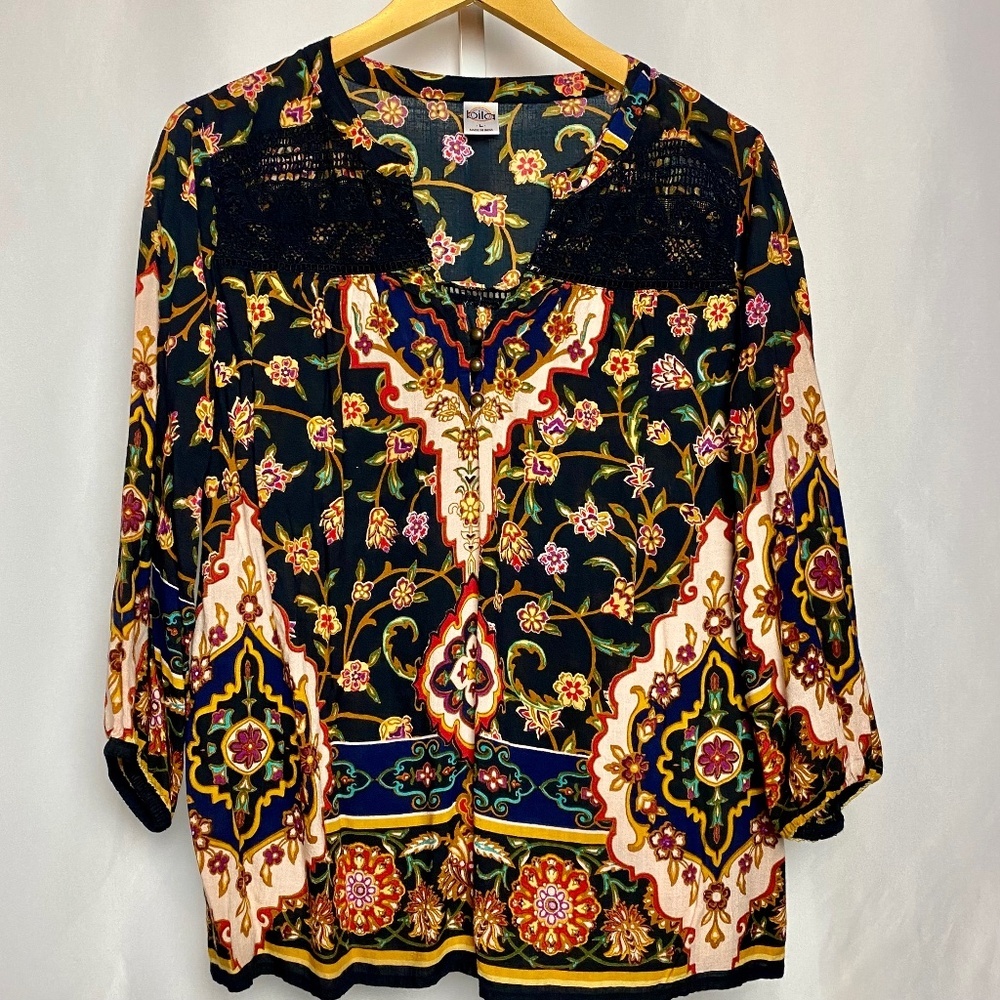 Bila Womenʻs Colorful Floral 3/4 Sleeve Split Neck Crochet Lace Blouse Large